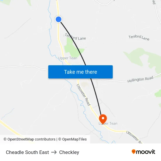 Cheadle South East to Checkley map