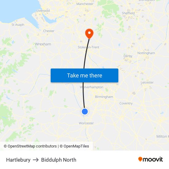 Hartlebury to Biddulph North map