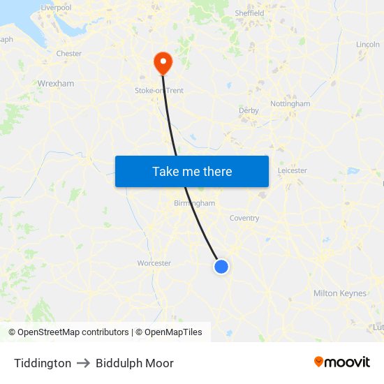 Tiddington to Biddulph Moor map