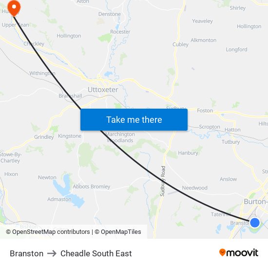 Branston to Cheadle South East map