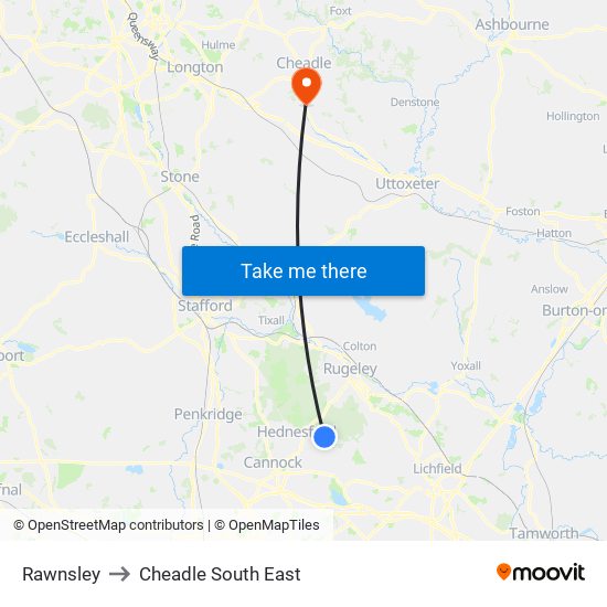 Rawnsley to Cheadle South East map