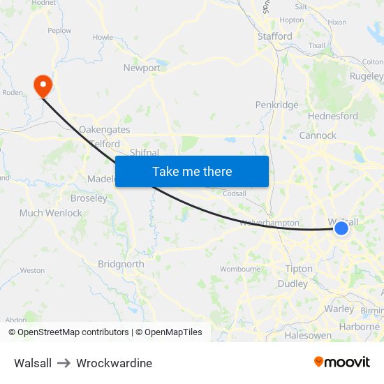 Walsall to Wrockwardine map