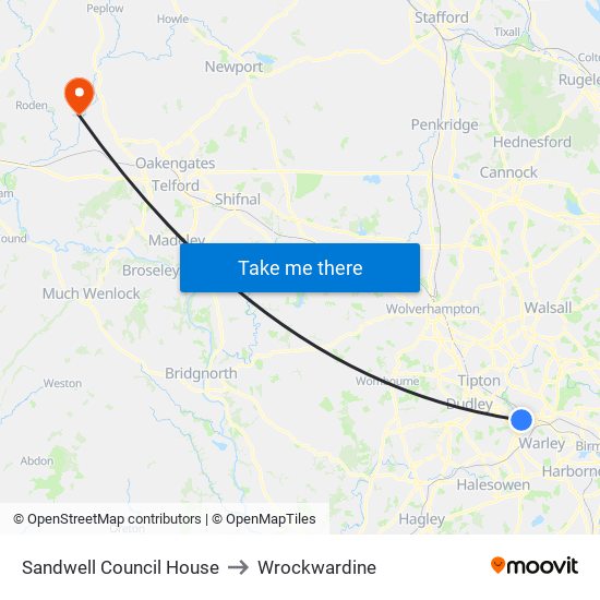 Sandwell Council House to Wrockwardine map