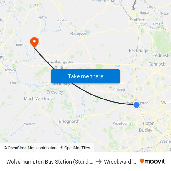 Wolverhampton Bus Station (Stand D) to Wrockwardine map