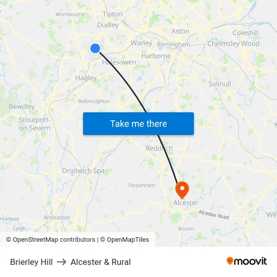 Brierley Hill to Alcester & Rural map