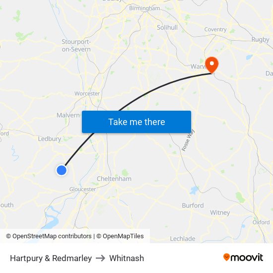 Hartpury & Redmarley to Whitnash map