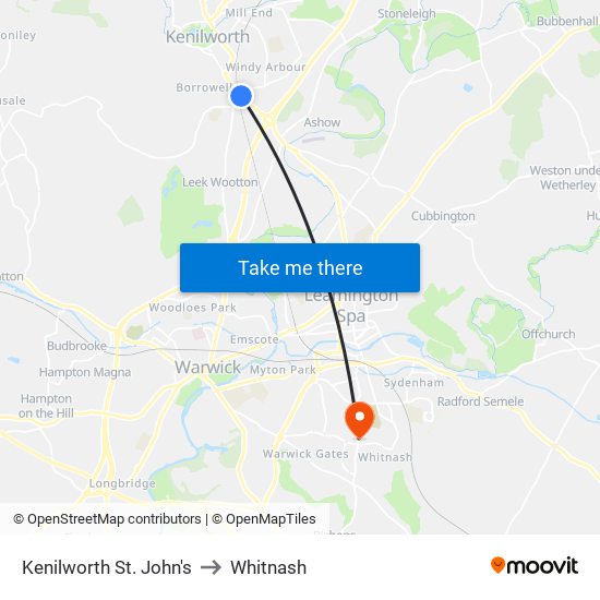 Kenilworth St. John's to Whitnash map