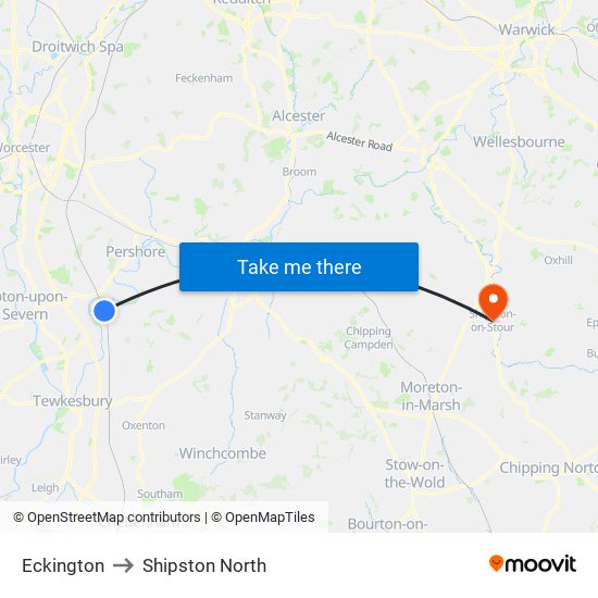 Eckington to Shipston North map