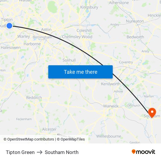 Tipton Green to Southam North map