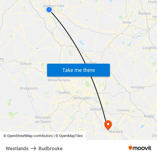 Westlands to Budbrooke map