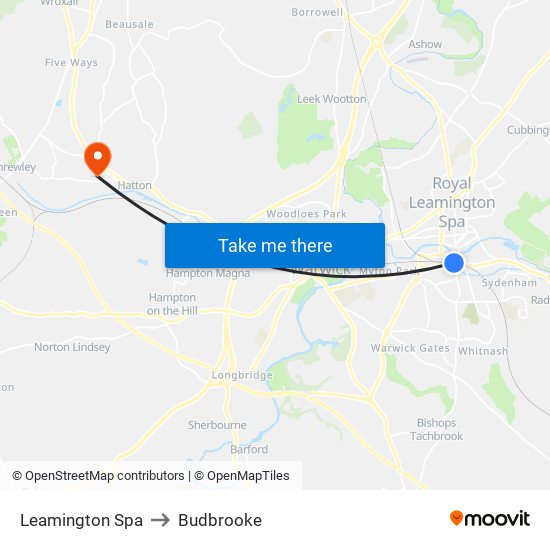 Leamington Spa to Budbrooke map