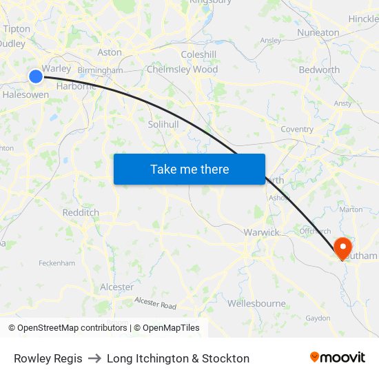 Rowley Regis to Long Itchington & Stockton map