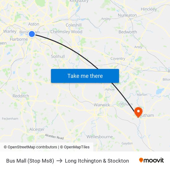 Bus Mall (Stop Ms8) to Long Itchington & Stockton map