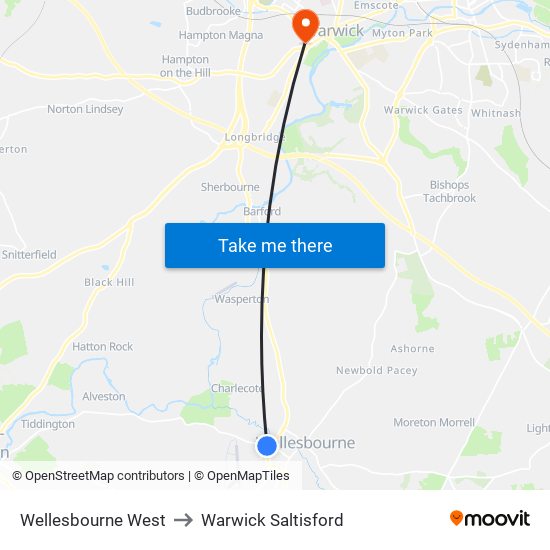 Wellesbourne West to Warwick Saltisford map