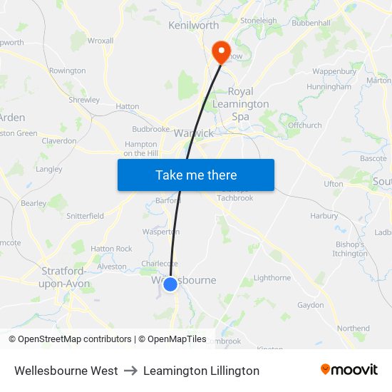Wellesbourne West to Leamington Lillington map