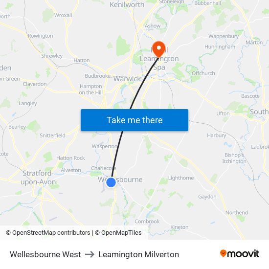 Wellesbourne West to Leamington Milverton map