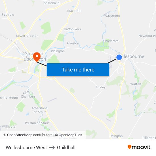 Wellesbourne West to Guildhall map