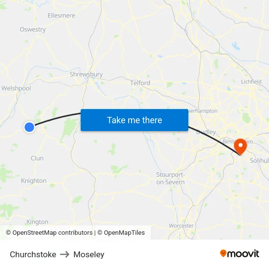 Churchstoke to Moseley map