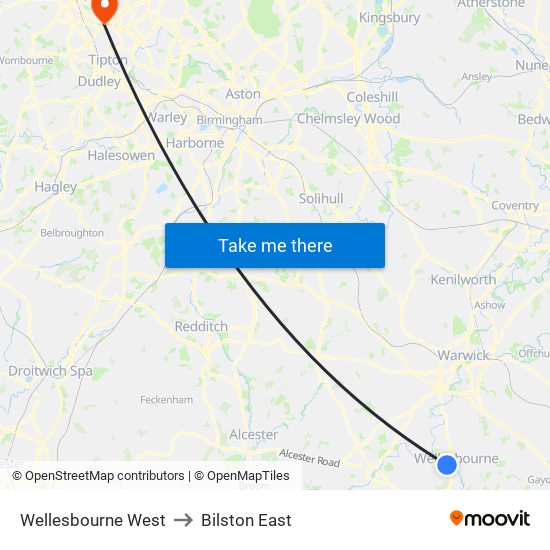 Wellesbourne West to Bilston East map