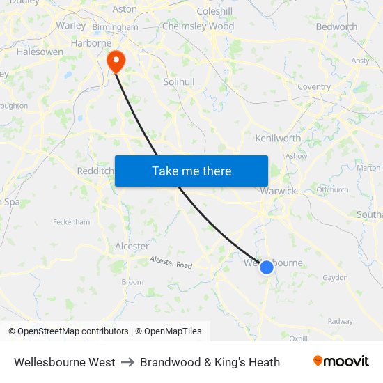 Wellesbourne West to Brandwood & King's Heath map