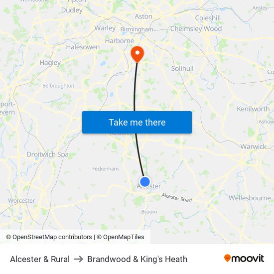 Alcester & Rural to Brandwood & King's Heath map