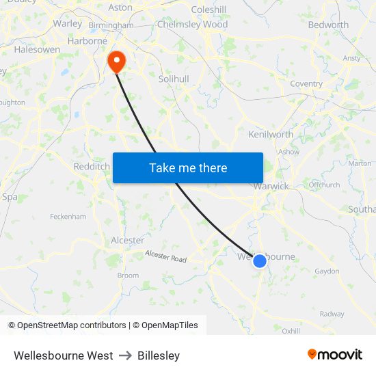 Wellesbourne West to Billesley map