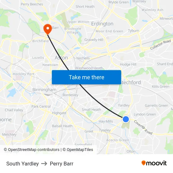 South Yardley to Perry Barr map