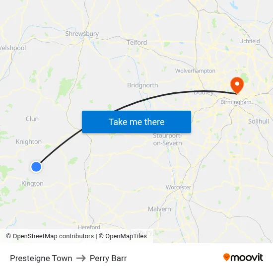 Presteigne Town to Perry Barr map