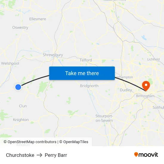 Churchstoke to Perry Barr map
