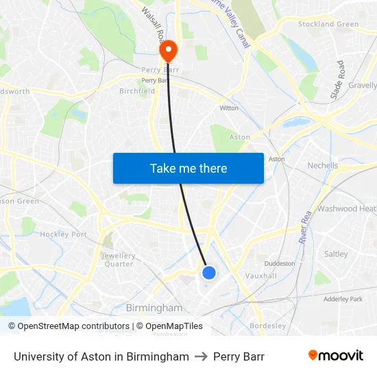 University of Aston in Birmingham to Perry Barr map