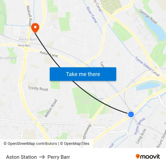 Aston Station to Perry Barr map
