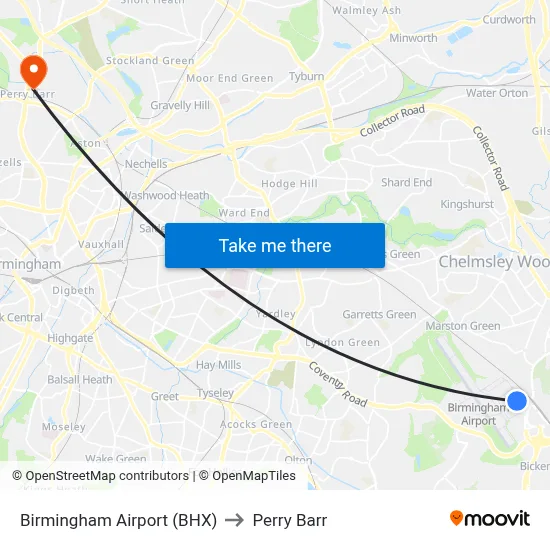Birmingham Airport (BHX) to Perry Barr map