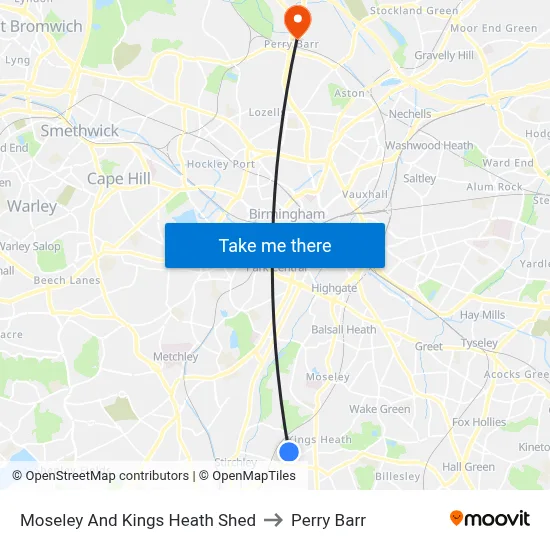 Moseley And Kings Heath Shed to Perry Barr map