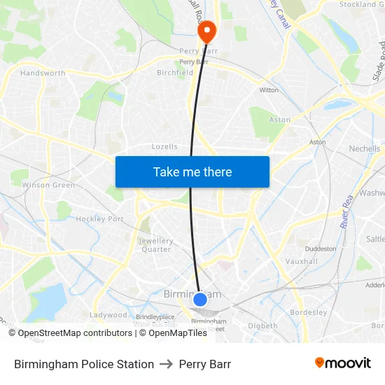 Birmingham Police Station to Perry Barr map