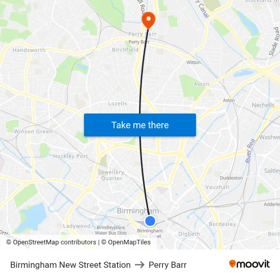 Birmingham New Street Station to Perry Barr map