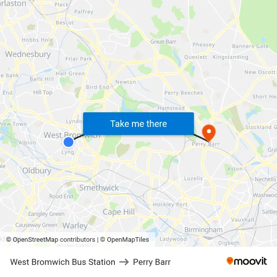 West Bromwich Bus Station to Perry Barr map