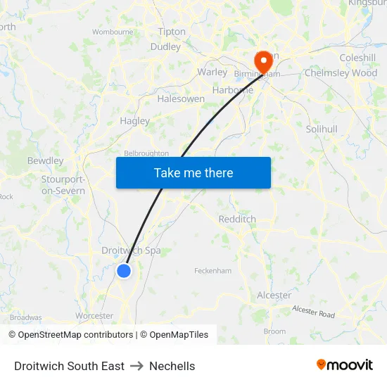 Droitwich South East to Nechells map