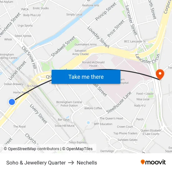 Soho & Jewellery Quarter to Nechells map