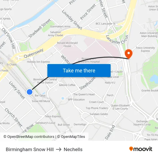 Birmingham Snow Hill to Nechells map