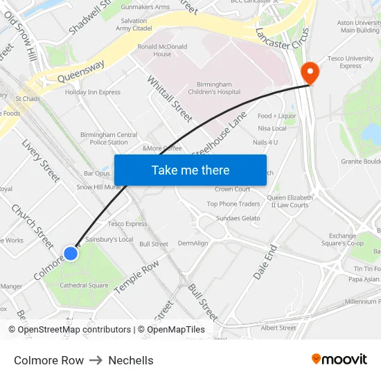 Colmore Row to Nechells map