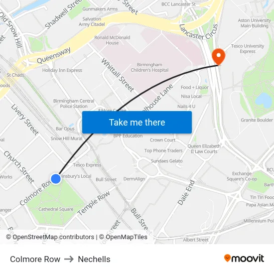 Colmore Row to Nechells map