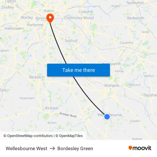 Wellesbourne West to Bordesley Green map