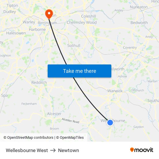 Wellesbourne West to Newtown map
