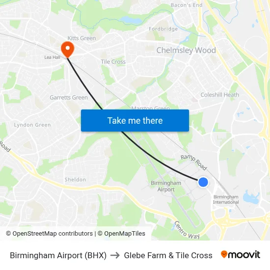 Birmingham Airport (BHX) to Glebe Farm & Tile Cross map