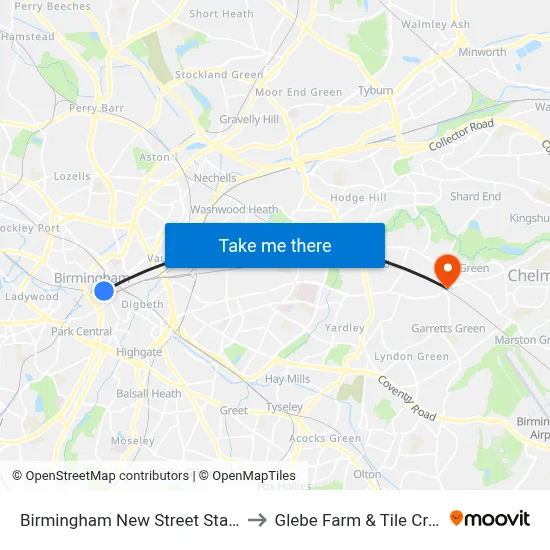 Birmingham New Street Station to Glebe Farm & Tile Cross map