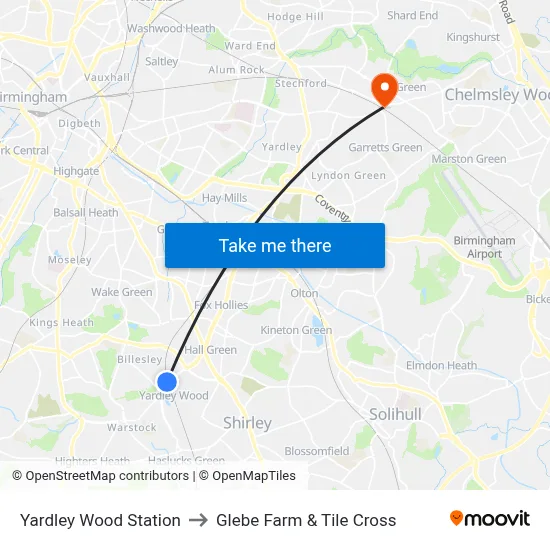 Yardley Wood Station to Glebe Farm & Tile Cross map