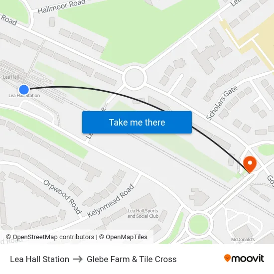 Lea Hall Station to Glebe Farm & Tile Cross map