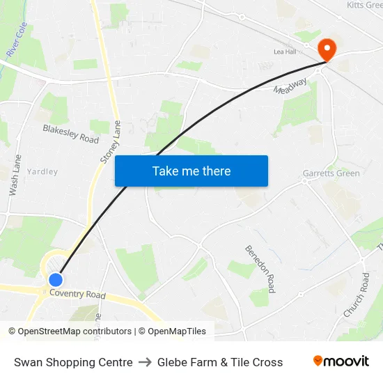 Swan Shopping Centre to Glebe Farm & Tile Cross map