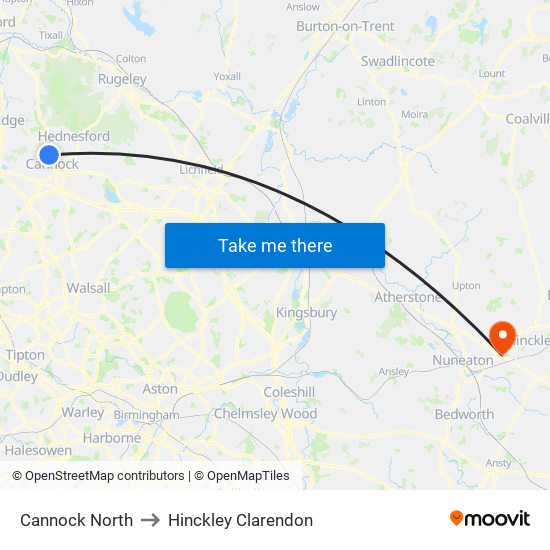 Cannock North to Hinckley Clarendon map