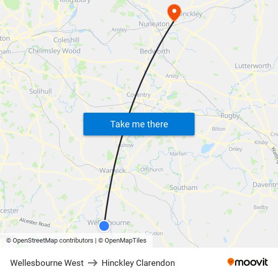 Wellesbourne West to Hinckley Clarendon map